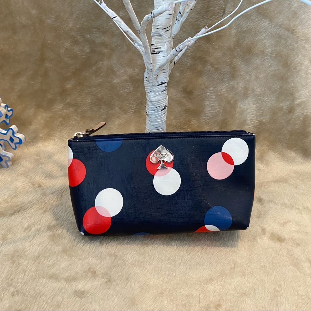 kate spade navy polka dot cosmetic pouch with red white pink and blue circles